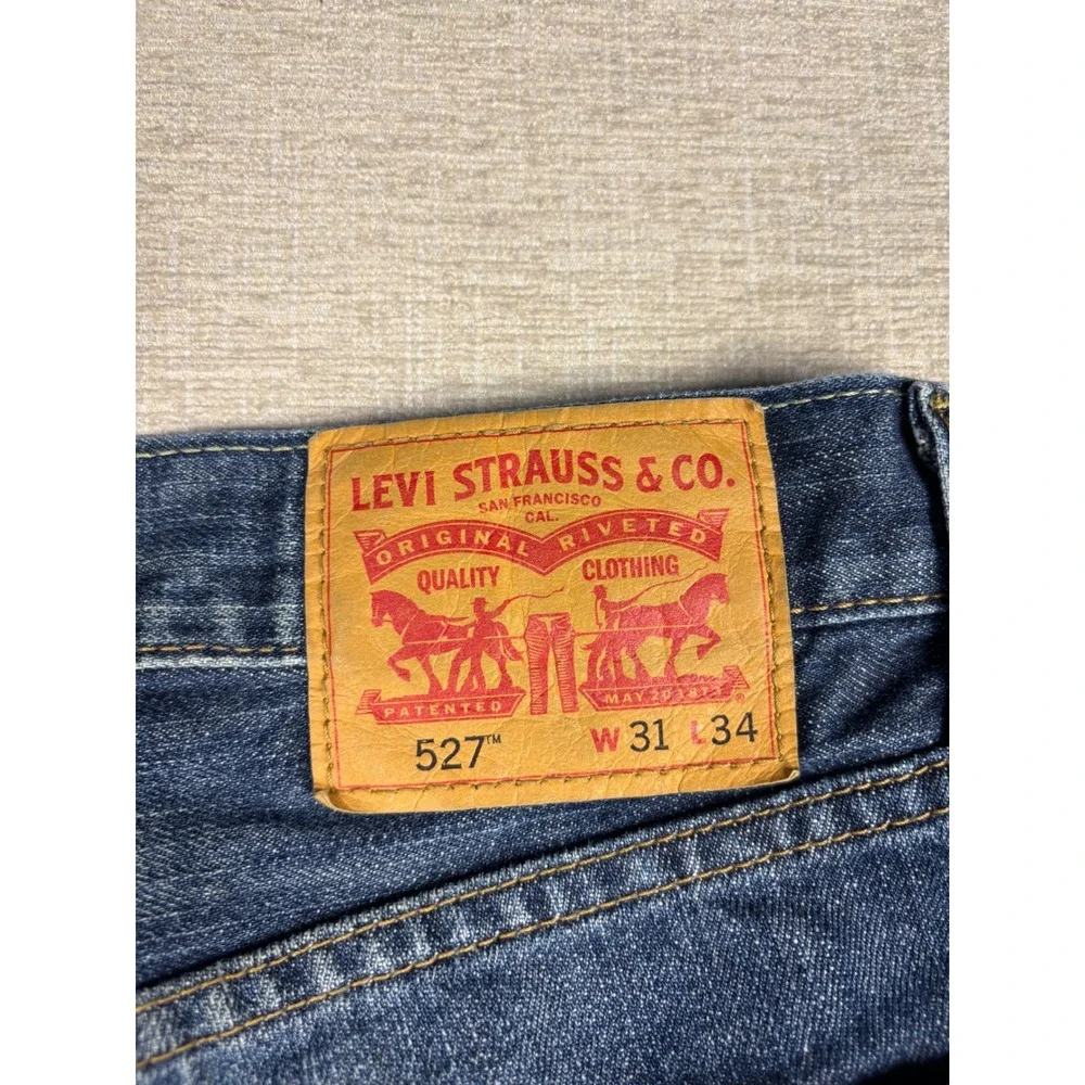 Levis 527 Bootcut Mens 31x34 Slim Jeans Grainy Dark Washed Denim Grungy Fade